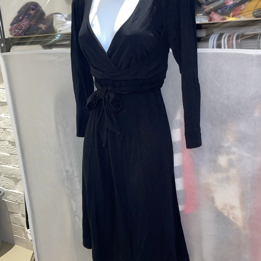 Black Ric Rac Stretch Faux Wrap Dress Medium - Picture 3 of 10